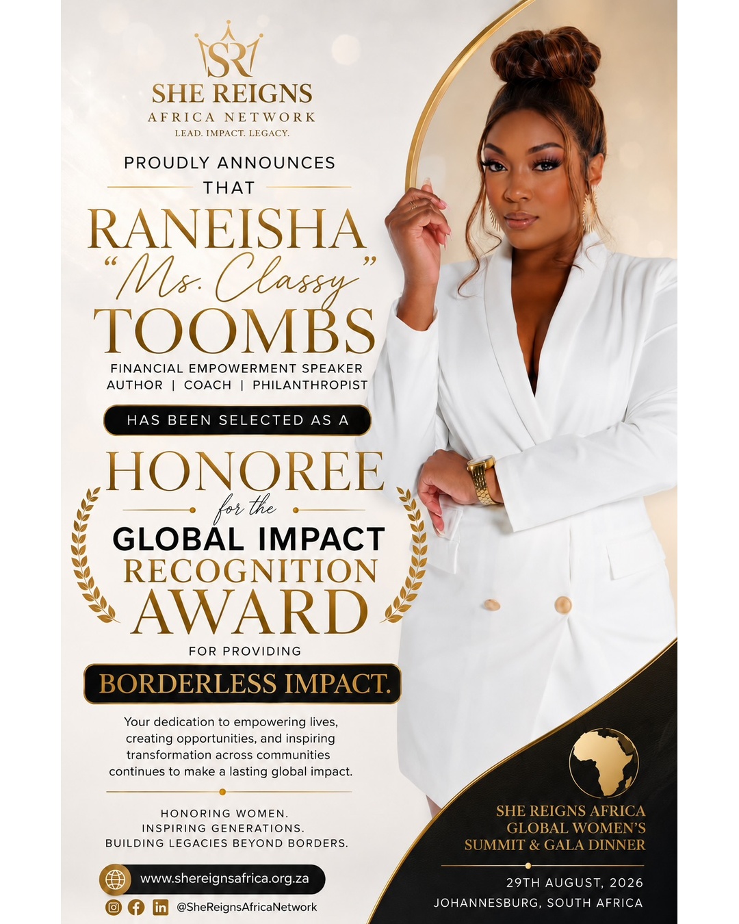 Global Impact Recognition Award honoree Ms. Classy